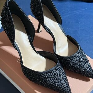 Via Spiga Black Crystal-Studded Pointed D'Orsay Heels